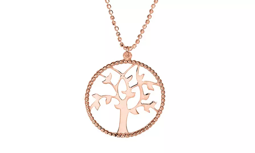Italian 18K Rose Gold Plated Sterling Silver Diamond Cut Tree Of Life Necklace