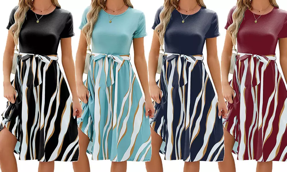 Women's Two Tone Belted A Line Dress