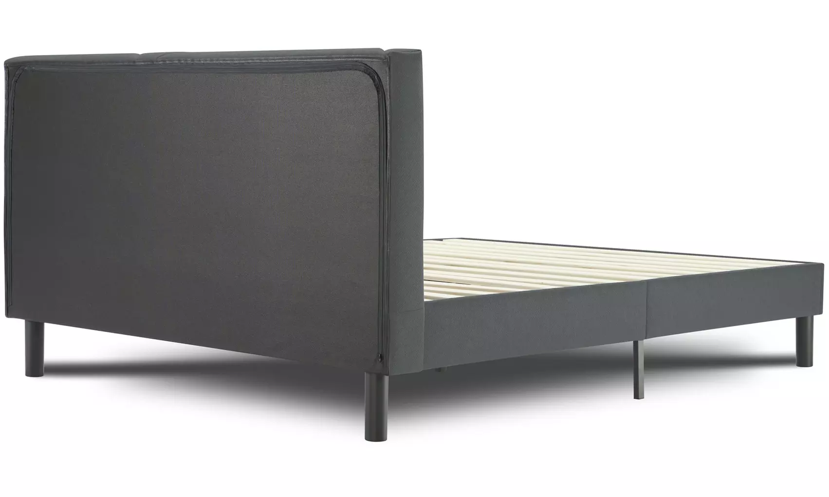 Letto imbottito in tessuto con doghe in legno e vano contenitore