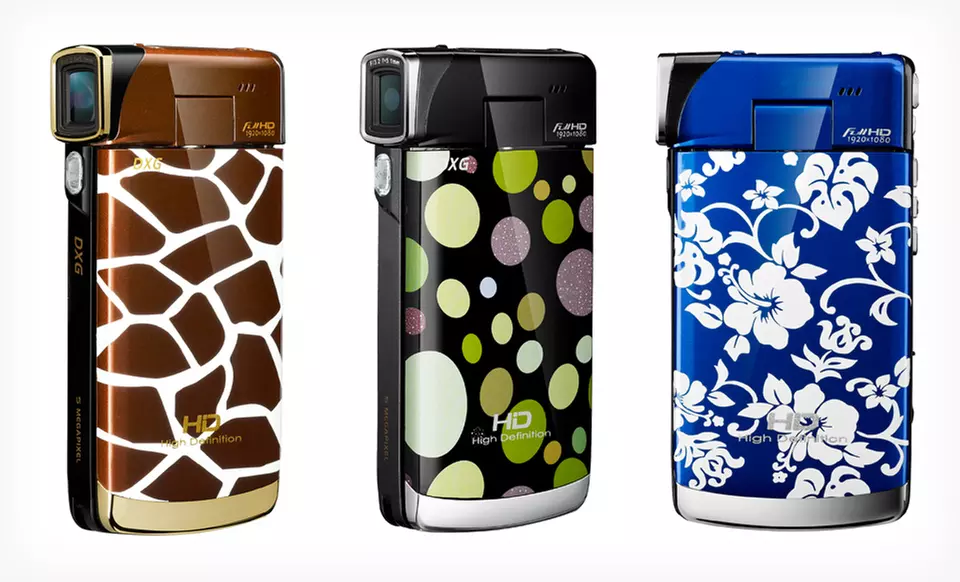 DXG Luxe 1080p Pocket Camcorder in Giraffe, Hibiscus Blue, or Polka-Dot Green Print. Free Shipping and Returns. - Primary Image