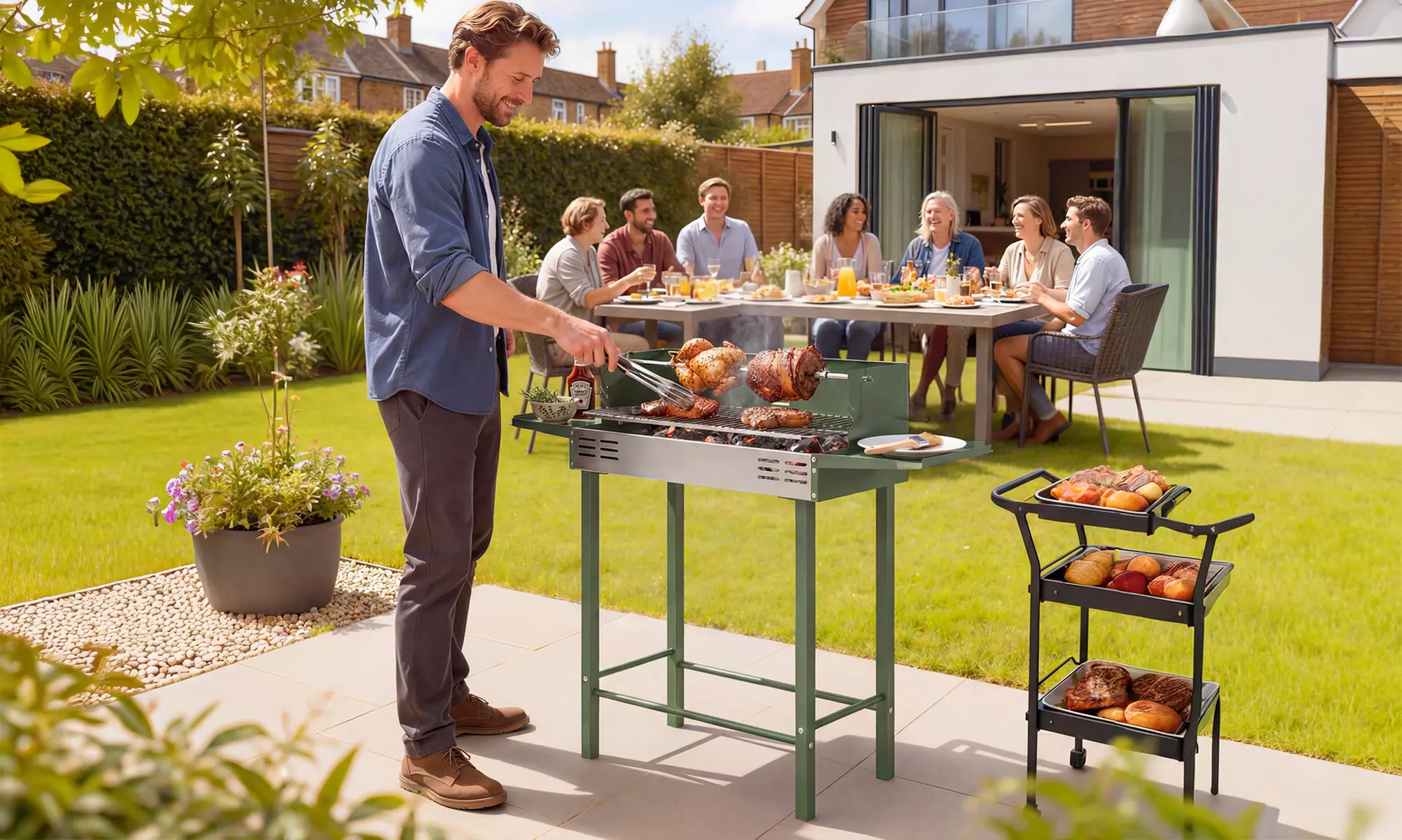 Outsunny Charcoal BBQ Grill with Rotisserie Spit and Side Shelves