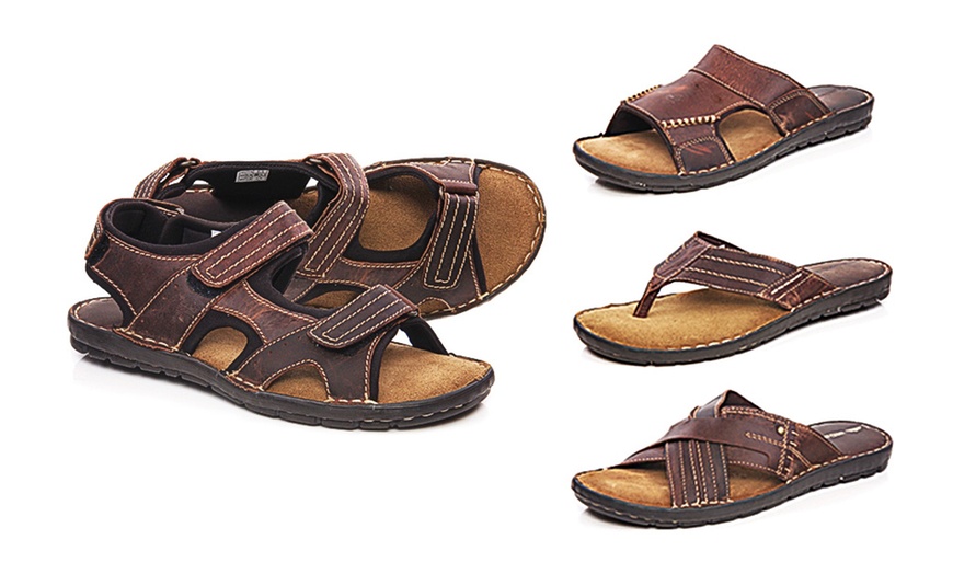 Image 1: Men's Brown Leather Sandals