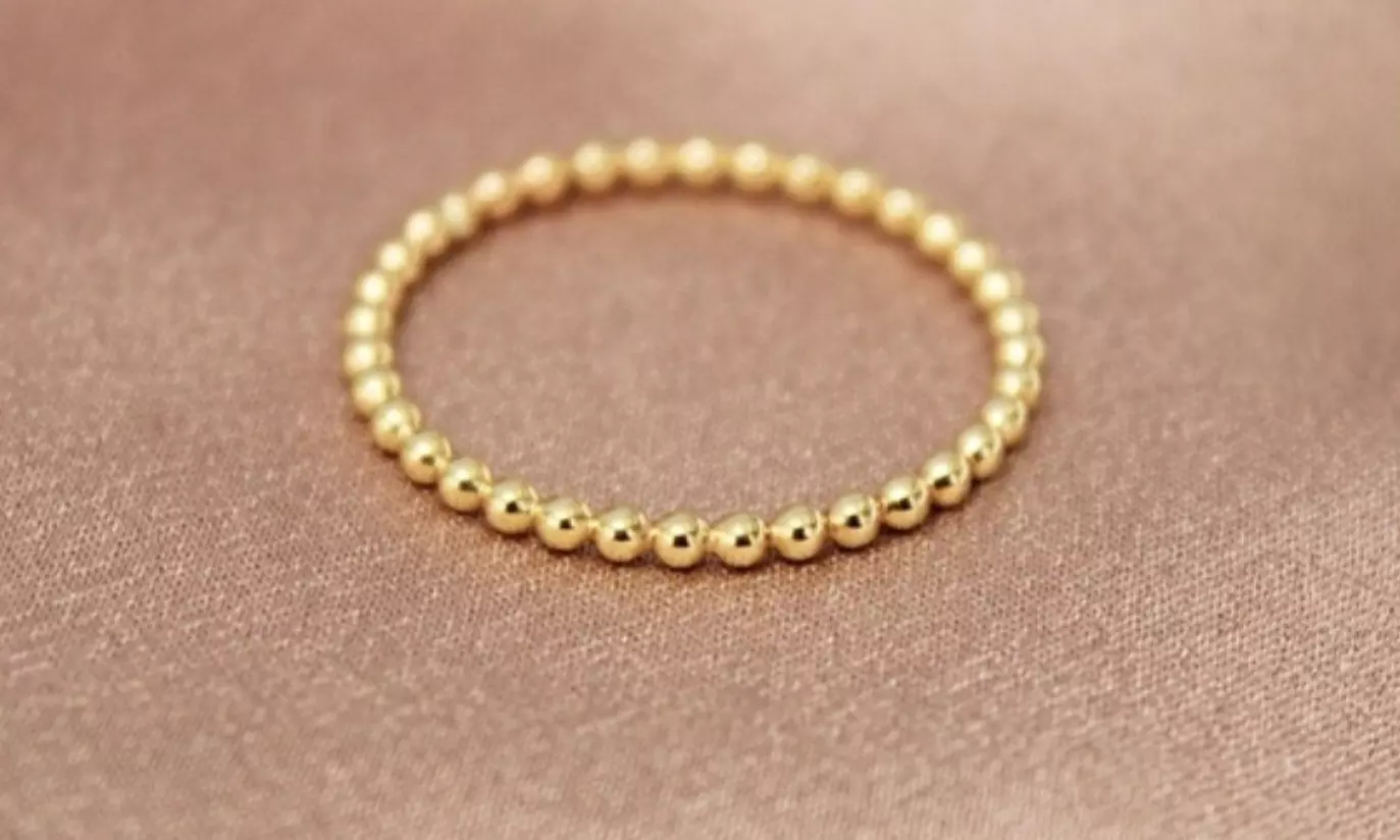 Italian 925 Sterling Silver Dainty Beaded Band Plated in 18K Yellow Gold