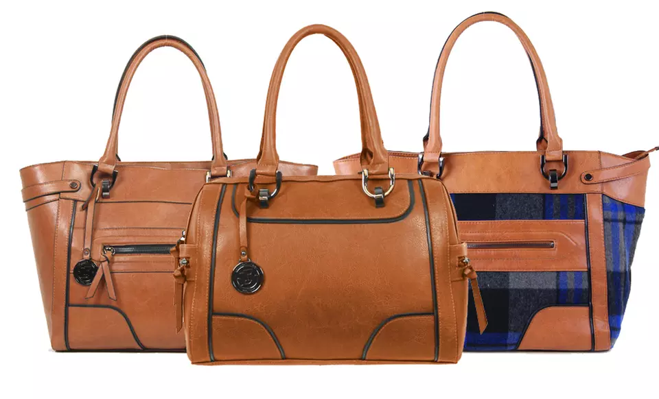 London Fog Ashford Tote or Barrel Satchel in Cognac or Plaid/Cognac. - Primary Image