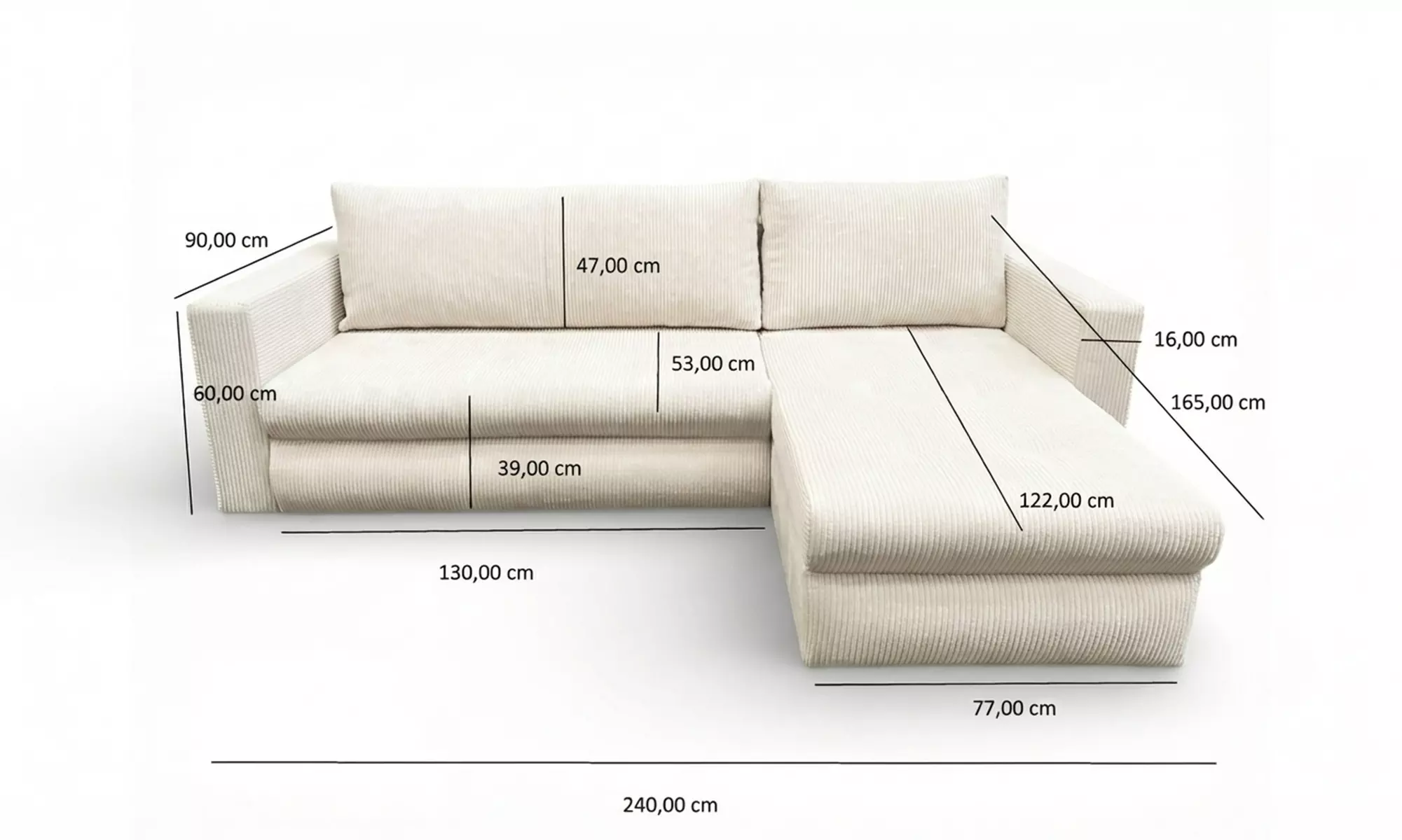 Canapé d'angle convertible "Farah" velours côtelé beige