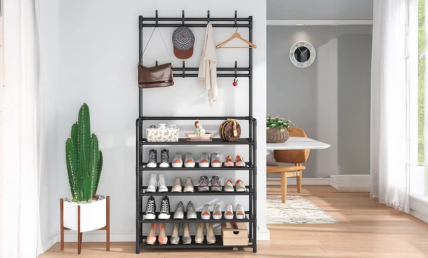 Image 9: Multi-Tier Metal Shoe Rack with Coat Hooks 