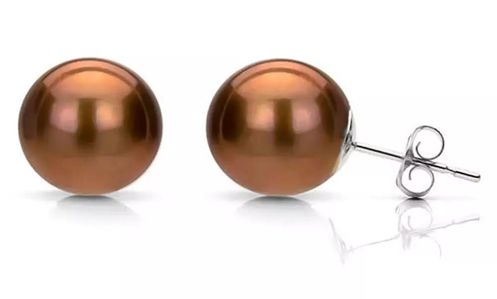8mm Chocolate Pearl Stud Earrings - Primary Image