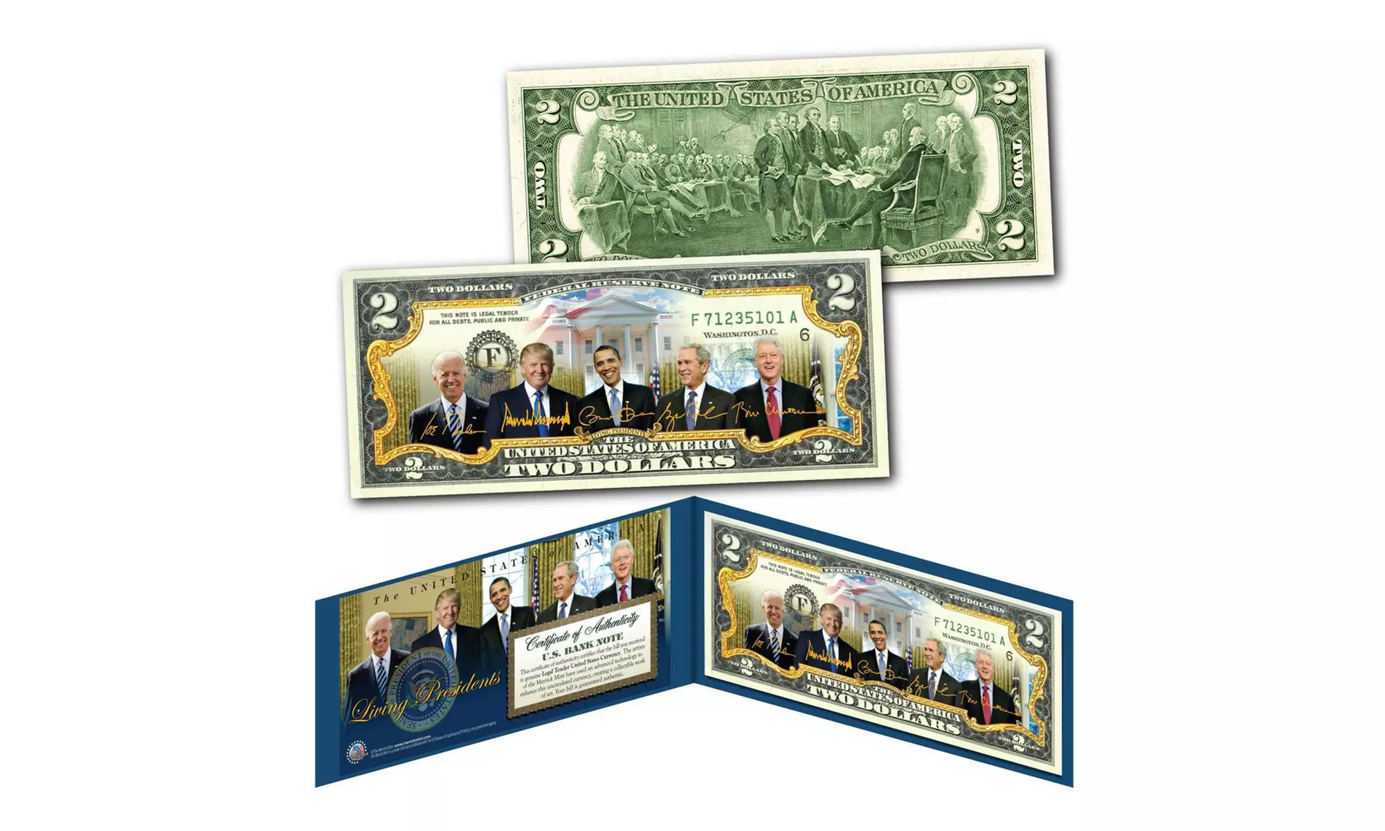 Living Presidents 2025 Trump Biden Obama Clinton Bush 2.00 Dollar Bill