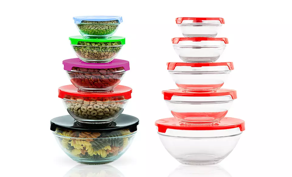 Set of Five Glass Mixing Bowls with Plastic Lids. Multiple Styles Available. Free Returns. - Primary Image