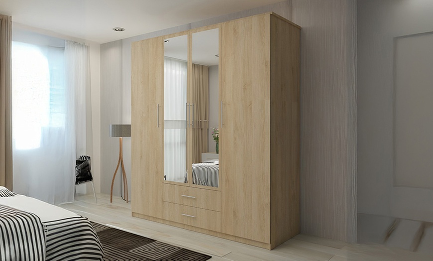 Image 1: Lucca Modern 4 Door Hinged Wardrobe with Mirror and Drawers