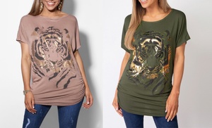 Oversized Shiny Gold Tiger Animal Print T-Shirt Tunic Top