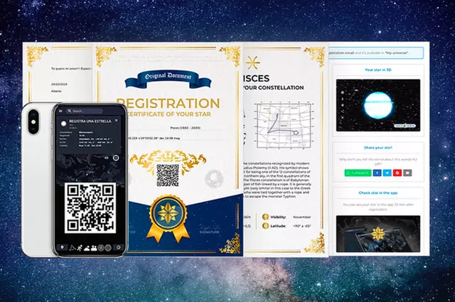 Rejestracja gwiazdy z certyfikatem, symulacją 3D w Register Star