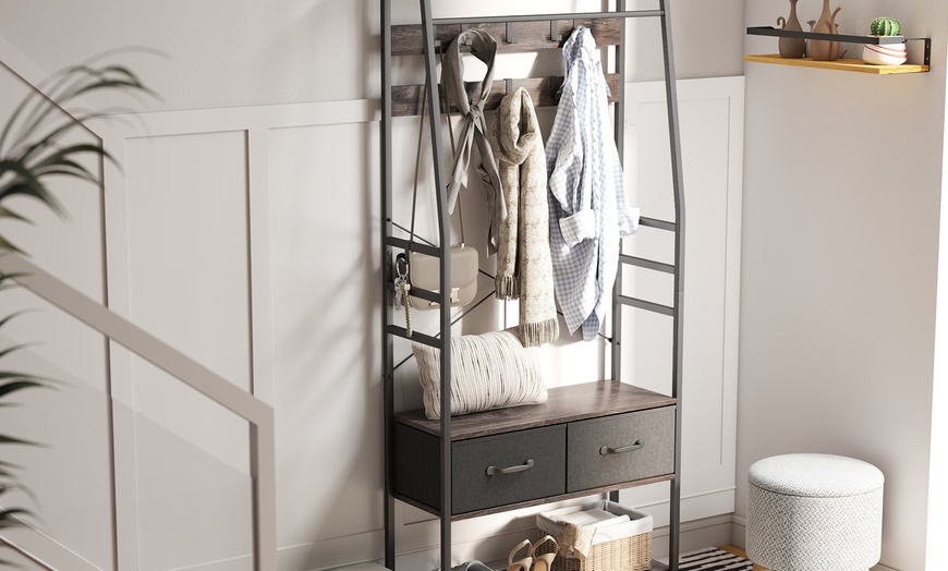 Image 3: HomCom Coat Rack with Shoe Storage Bench and Hooks