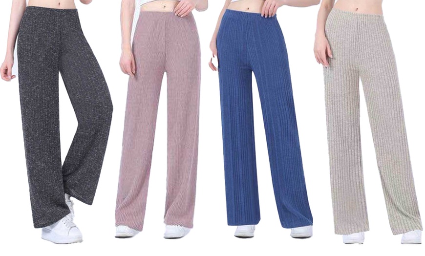 Image 1: Wide Leg Rib Knit Casual Bottoms