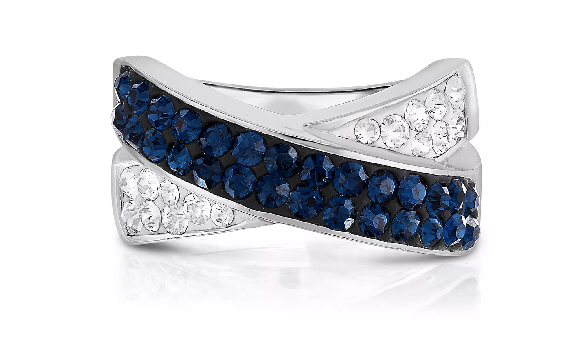Dark Blue and White Crystal Cross Over Ring With Crystals From Swarovski