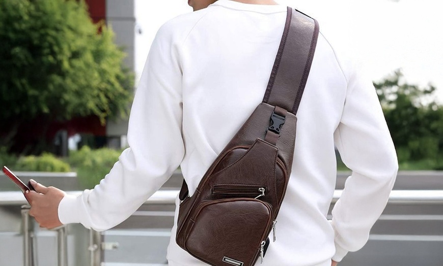 Image 3: Men Women Sling Chest Bag Leather Shoulder Cross-body Pack With USB Port