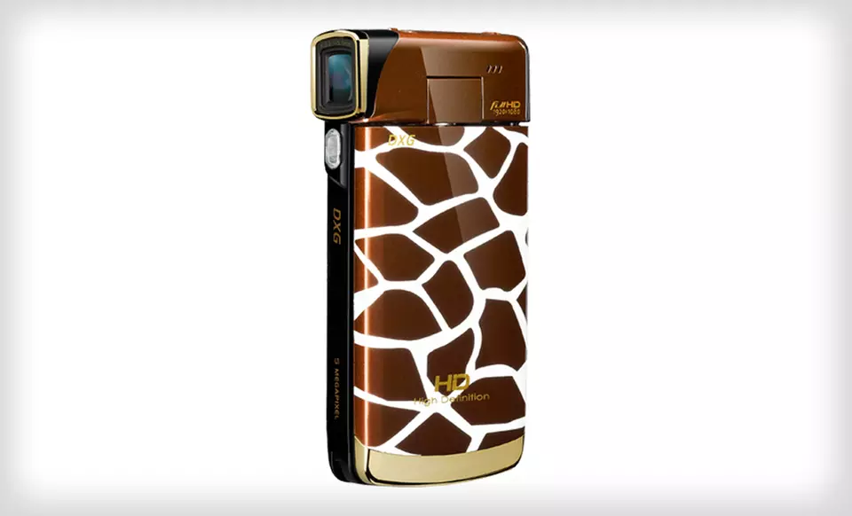 DXG Luxe 1080p Pocket Camcorder in Giraffe, Hibiscus Blue, or Polka-Dot Green Print. Free Shipping and Returns. - Second Medium