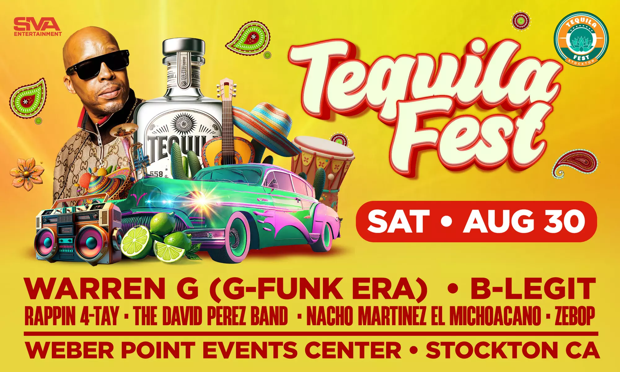 Stockton Tequila Fest w/ Warren G (G-Funk Era), B-Legit, Rappin 4-Tay, and more on August 30 at 12 p.m. - Primary Image