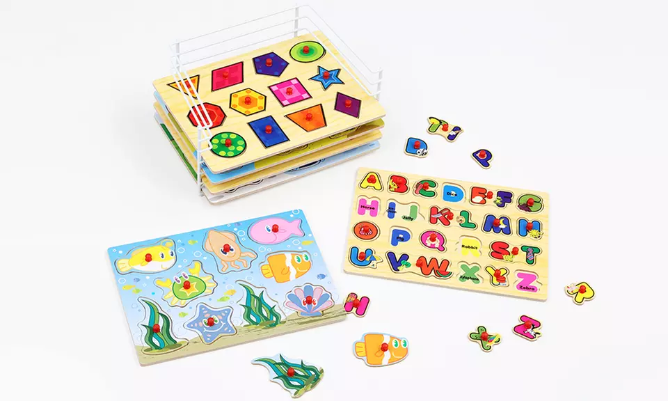 Wood Puzzles with Wire Organizing Rack (Set of 6) - Primary Image
