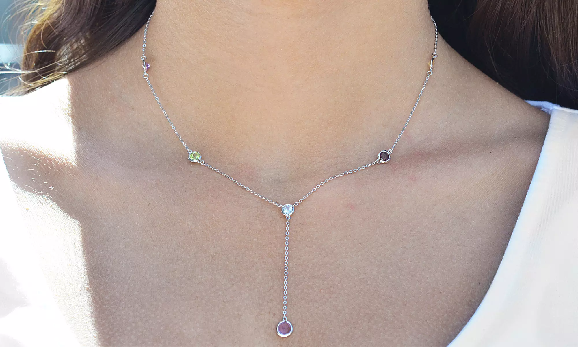 Genuine Multi-Gemstone Drop Necklace in Sterling Silver - Primary Image