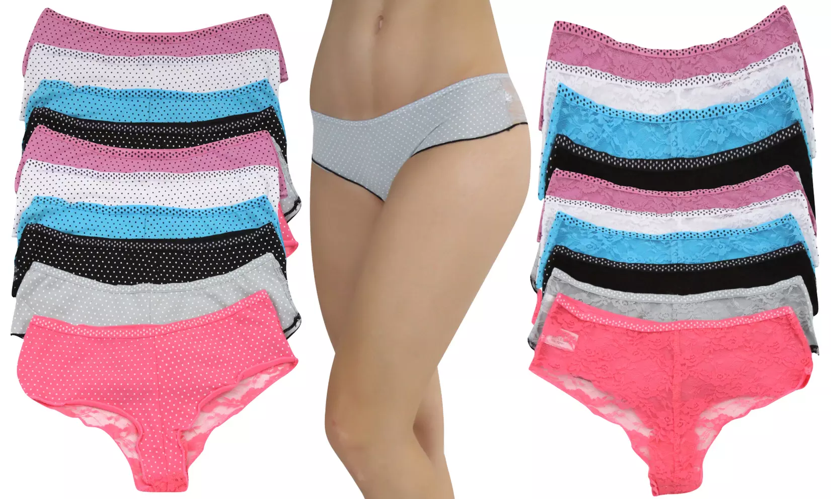Women’s Polka Dot Cheeky Panties with Lace Back (6-Pack) - Primary Image