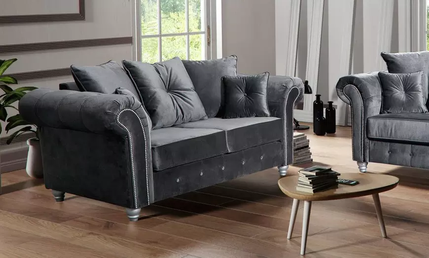 Image 2: Plush Velvet Grey Sofas Set