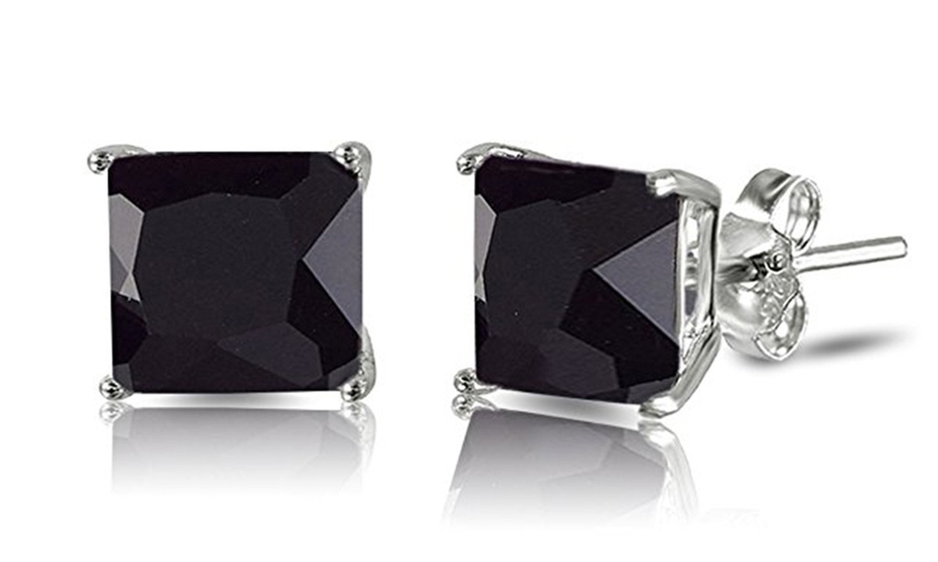 Sterling Silver Princess Cut Simulated Black Onyx CZ Stud Earrings