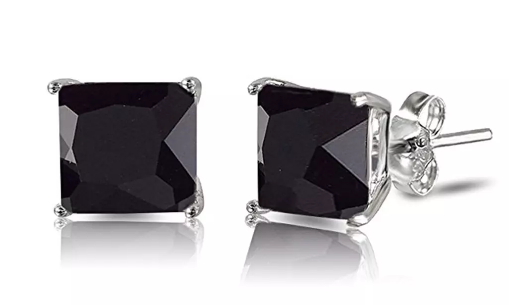 Sterling Silver Princess Cut Simulated Black Onyx CZ Stud Earrings - Primary Image