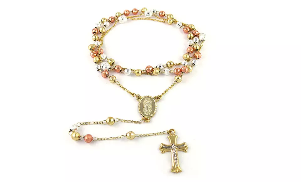 18K Gold-Plated Tri-Color Rosary Cross Necklace. Free Returns. - Primary Image