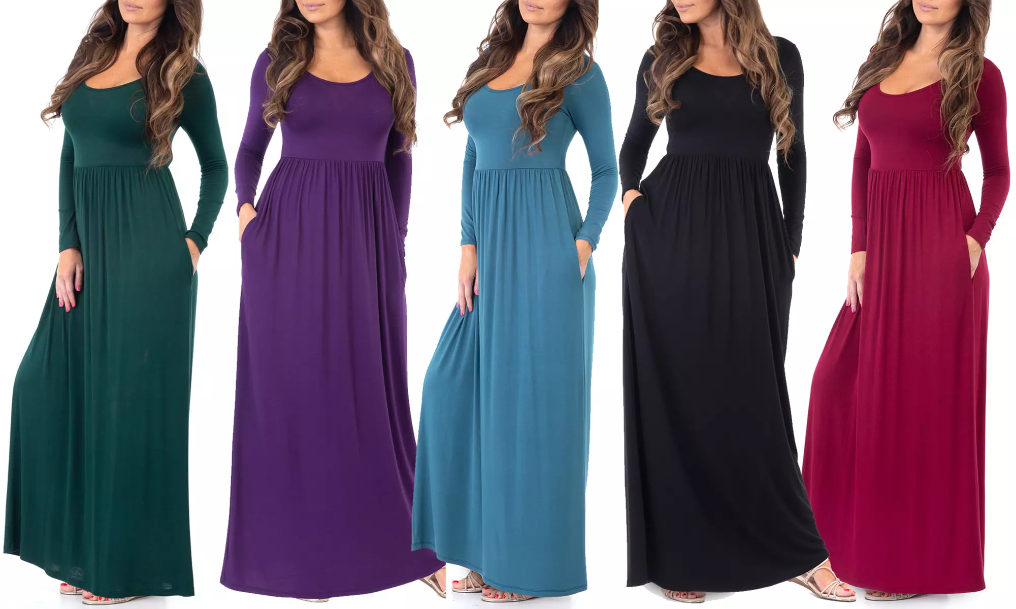 Women's Long Sleeve Ruched Maxi Dress with Pockets. Plus Sizes Available. - Primary Image