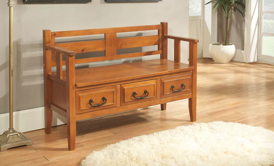 $189.99 for a Simpli Home Country Home Light Avalon Brown Entryway Storage Bench with Drawers ($399.99 List Price) - Primary Image