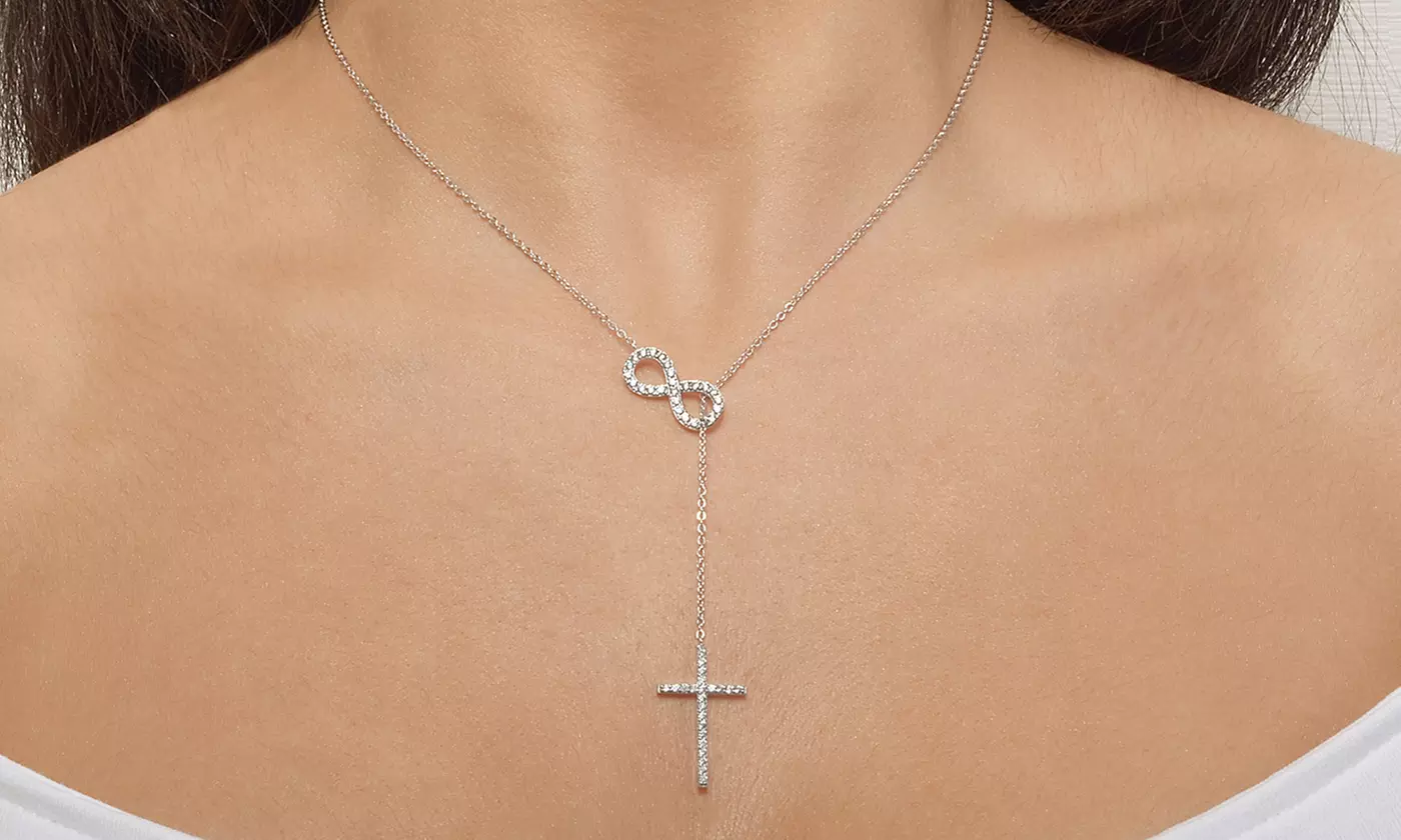 Sterling Silver-Plated Lariat Cross Infinity Y-Necklace Made With Swarovski Elements by Elements Of Love - Primary Image