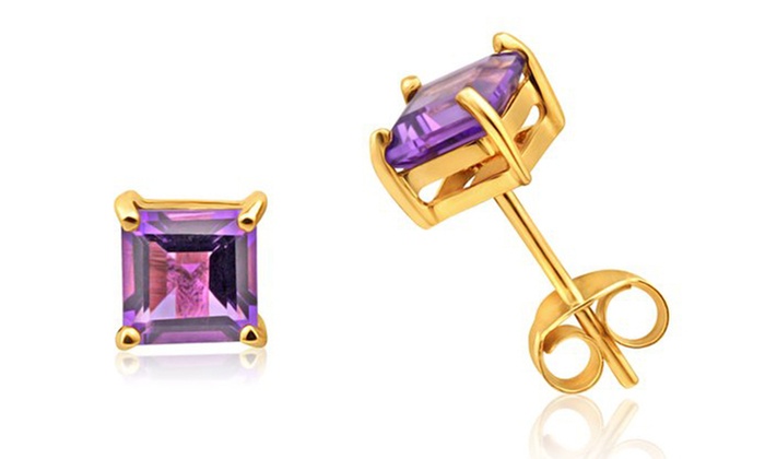 24k Yellow Gold Plated 2 Cttw Amethyst Princess Cut Stud Earrings