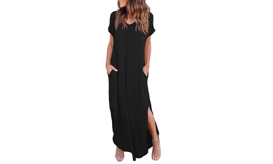 Image 4: Women's Summer Maxi Dress Casual Loose Pockets Long Dress Short Sleeve Split