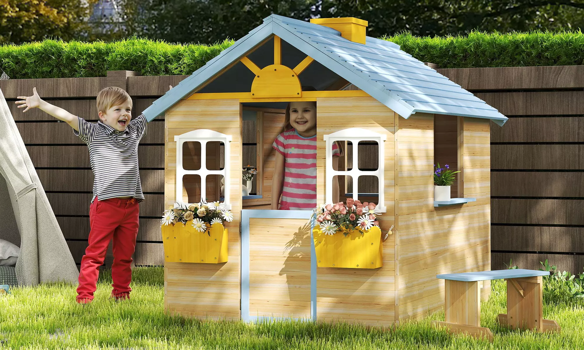 Outsunny Wooden Kids Playhouse