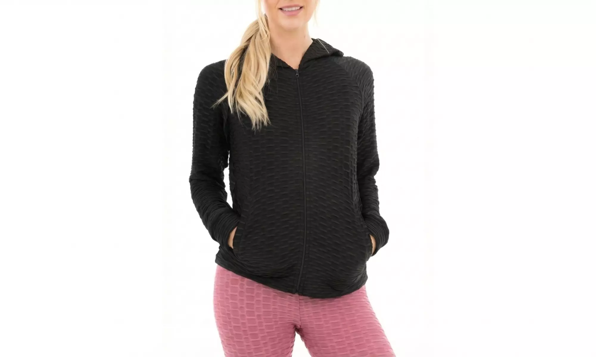 Honeycomb Texture Zip-Up Jacket with Elasticated Waist