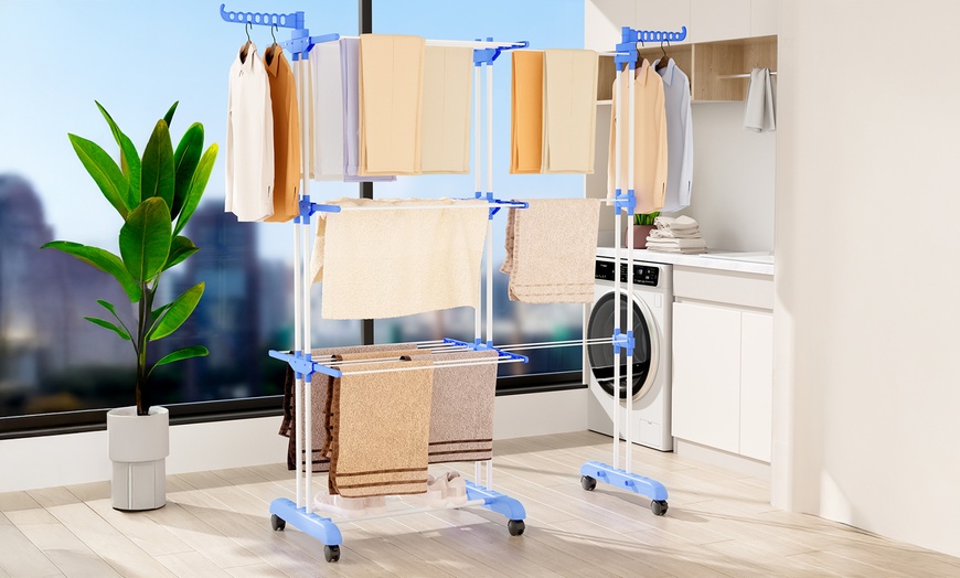 Image 7: Black or Blue Four-Tier Foldable Laundry Dryer Rack Indoor or Outdoor
