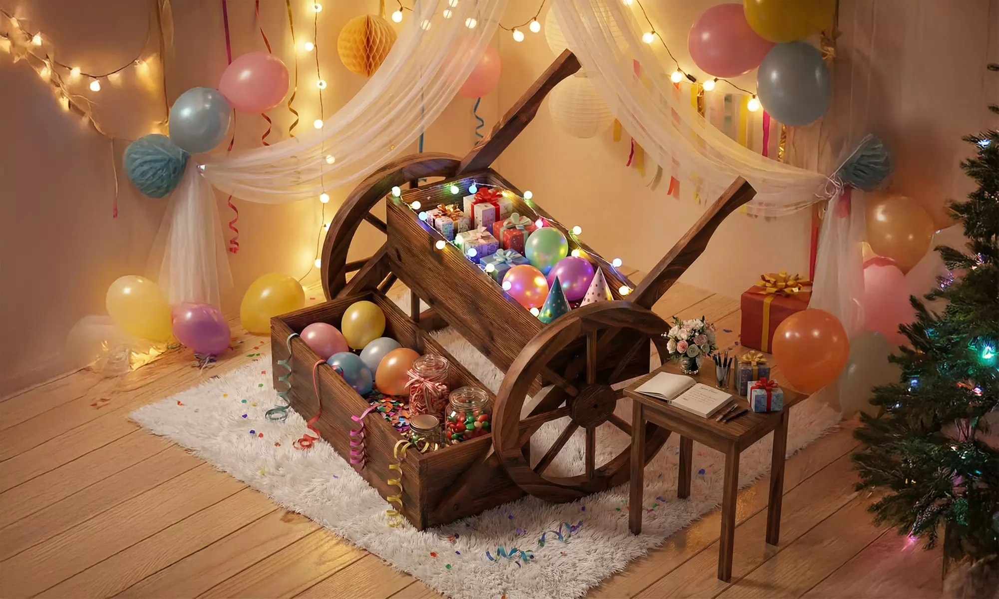 Costway 2-Tier Rustic Wooden Wagon Planter Box with Drainage Holes