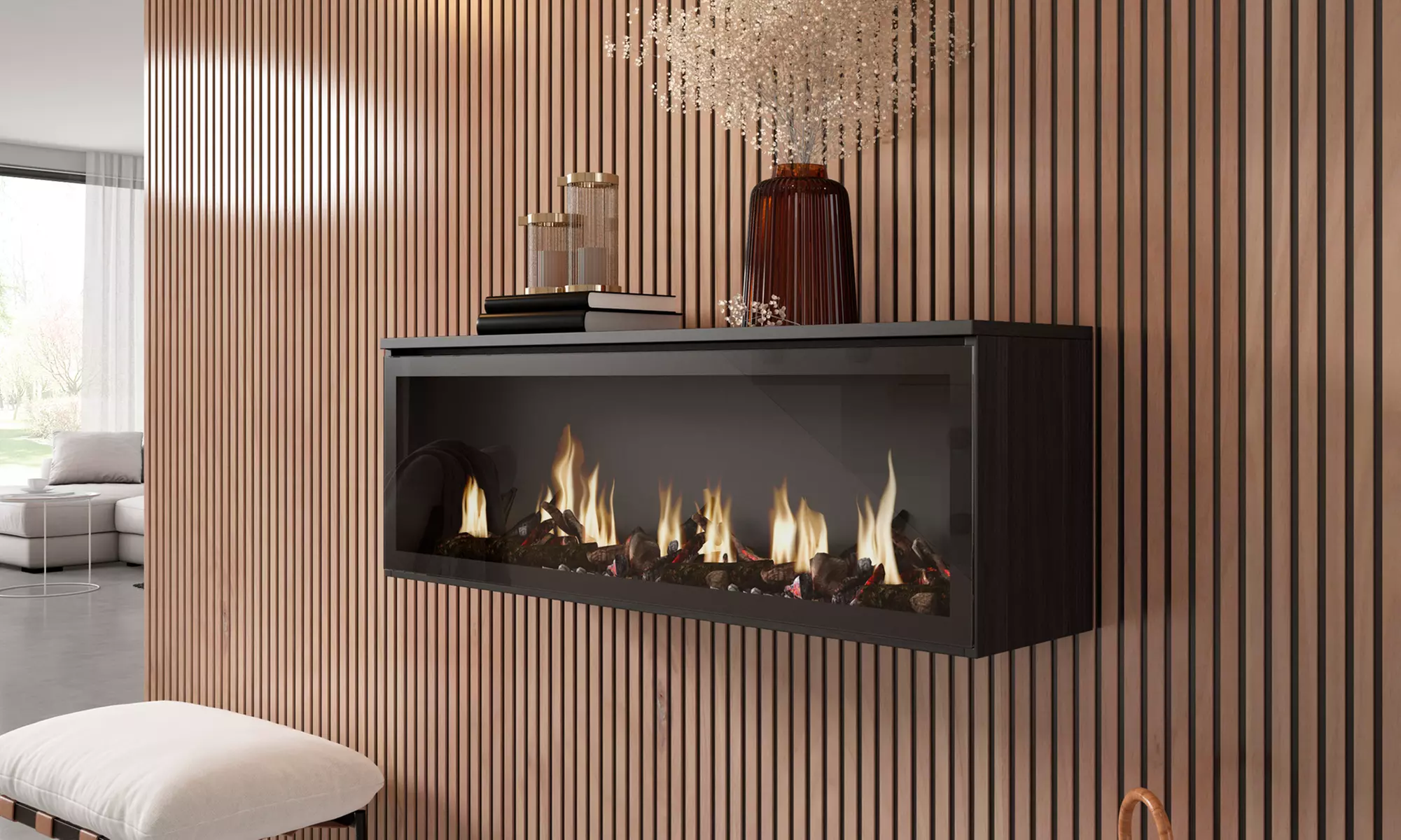 Elektrischer LED-Kamin COZY mit 3D-Feuereffekt, opt. mit Hängeboard