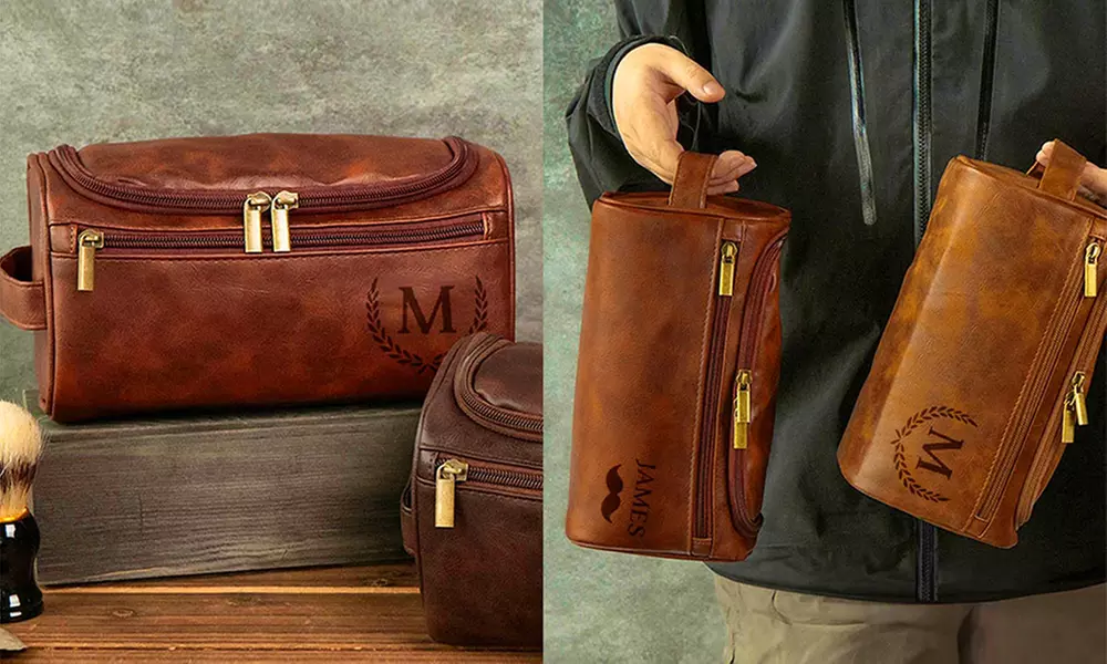 Travel in style with personalized vegan-friendly leather toiletry bag