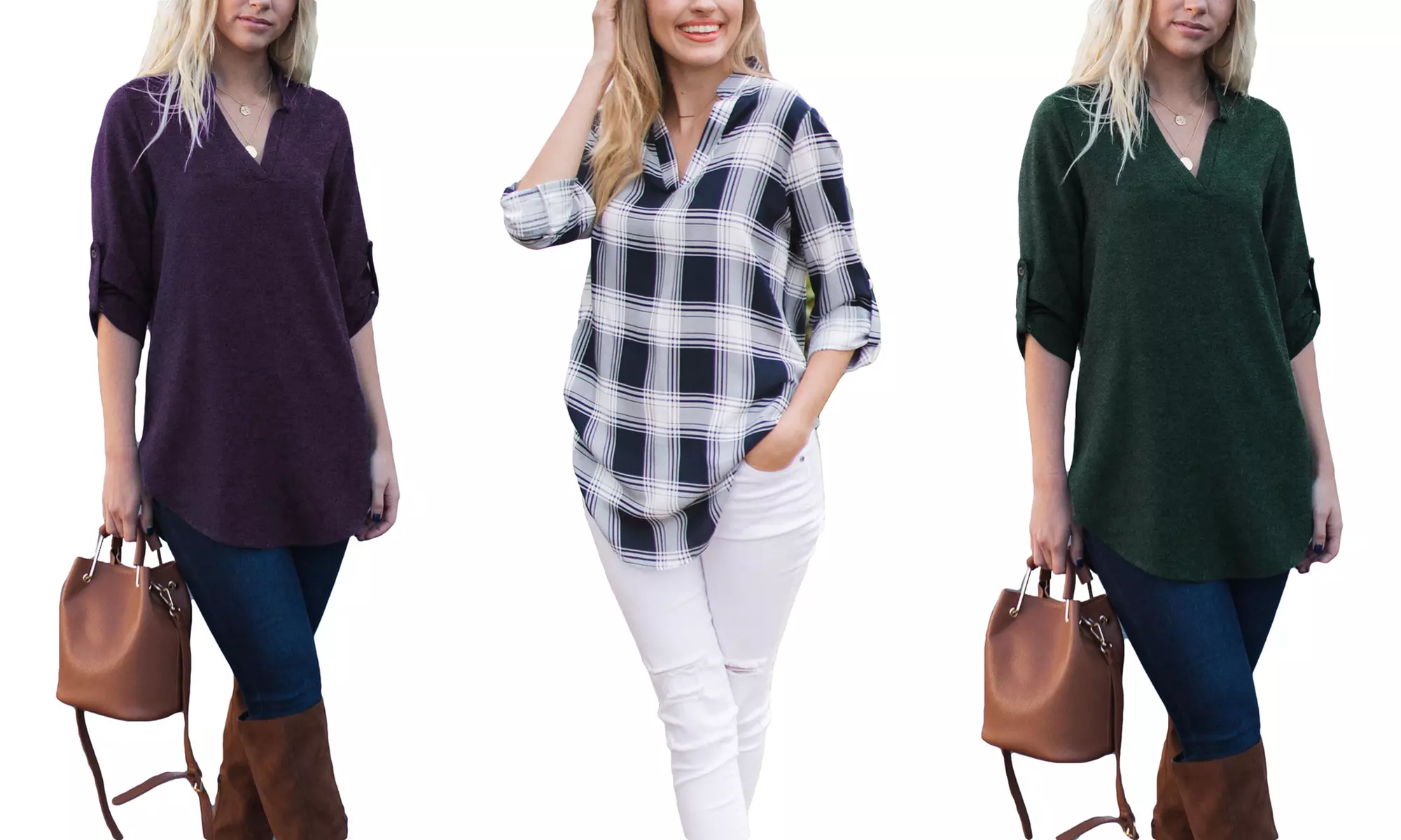 Reflection Women's Notch-Neck Roll-Tab Blouse. Plus Sizes Available. - Primary Image