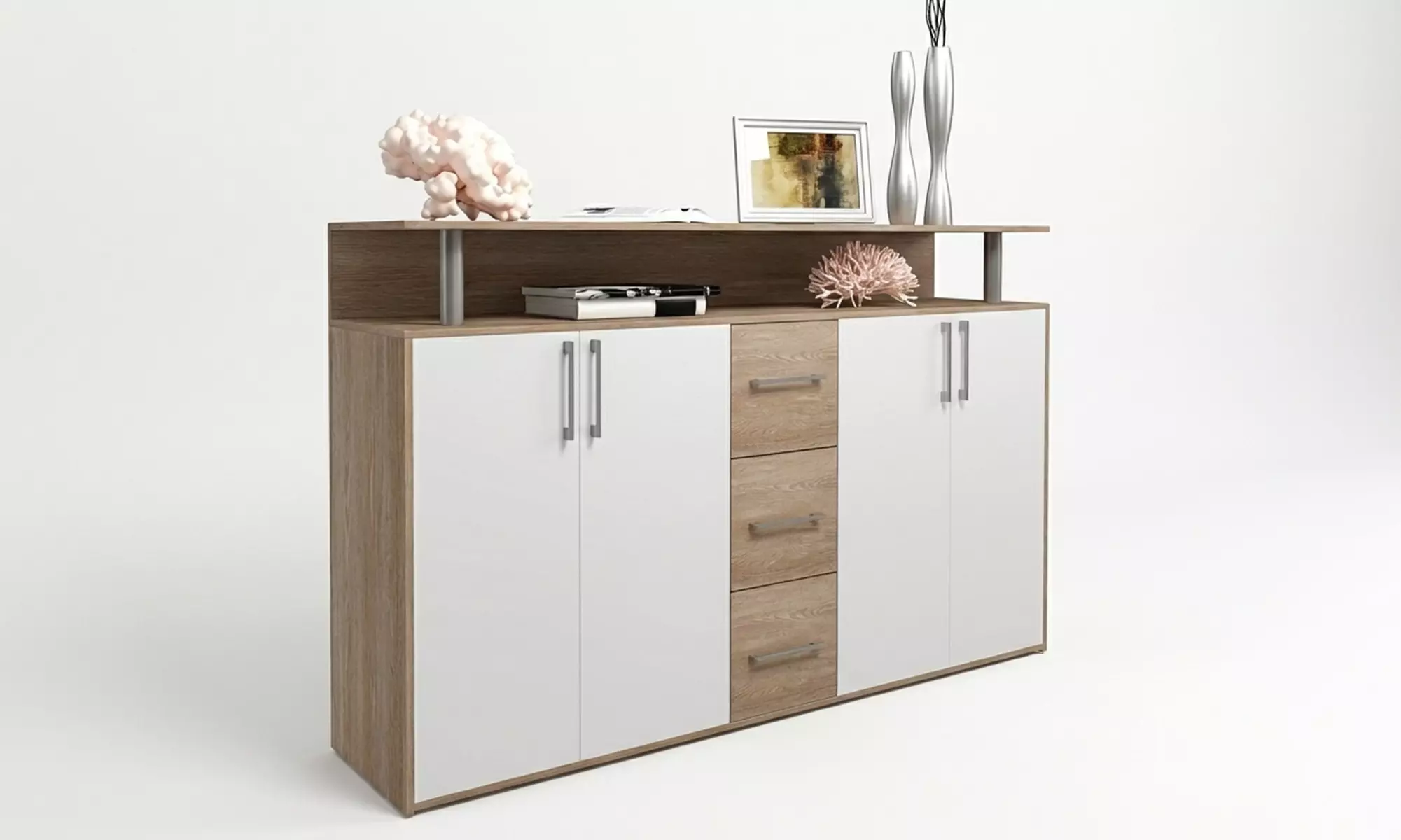 Credenza moderna bianca con ante, cassetti e ripiani