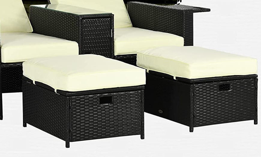 Image 6: Outsunny Rattan-Effect 2 Sun Loungers with Footstools, with Cushions