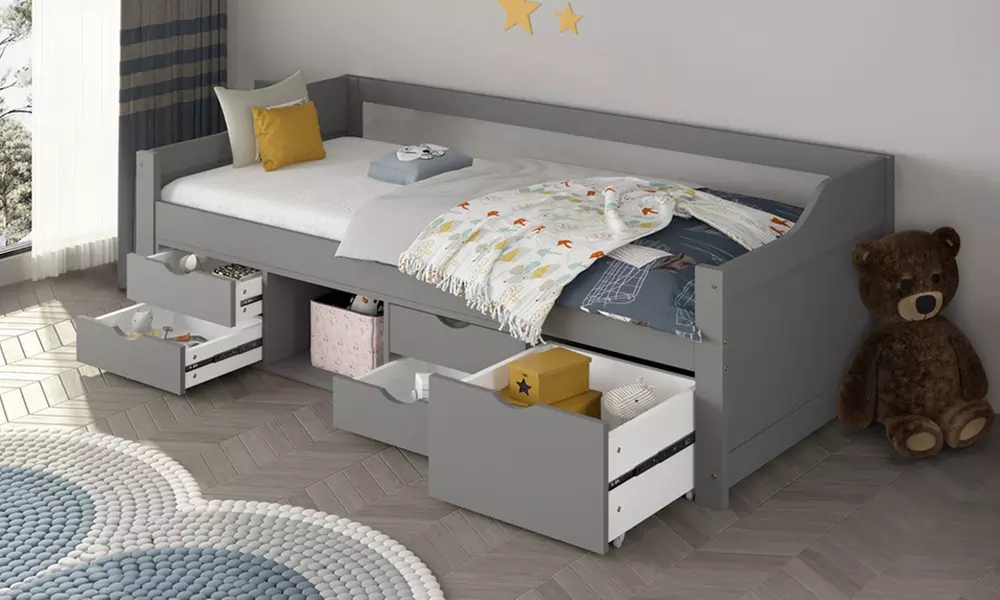 Lit enfant "Cosmos" avec tiroirs et matelas 90 x 200 cm gris de Home Deluxe, livraison offerte - Primary Image