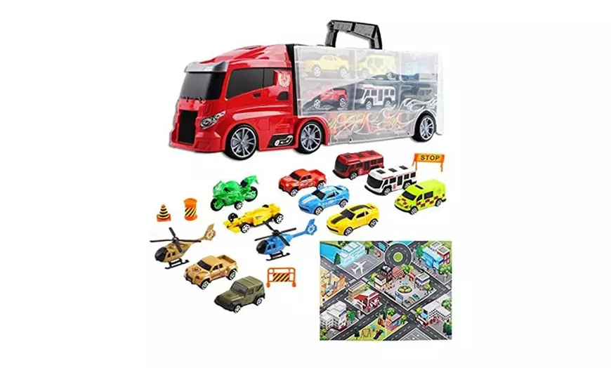 Image 1: CR1 Transporter Truck Carrycase Play Set with Toy Vehicles and Map
