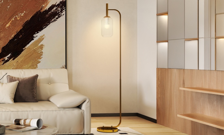 Image 1: HOMCOM Modern Floor Lamp with Glass Lampshade and Foot Switch