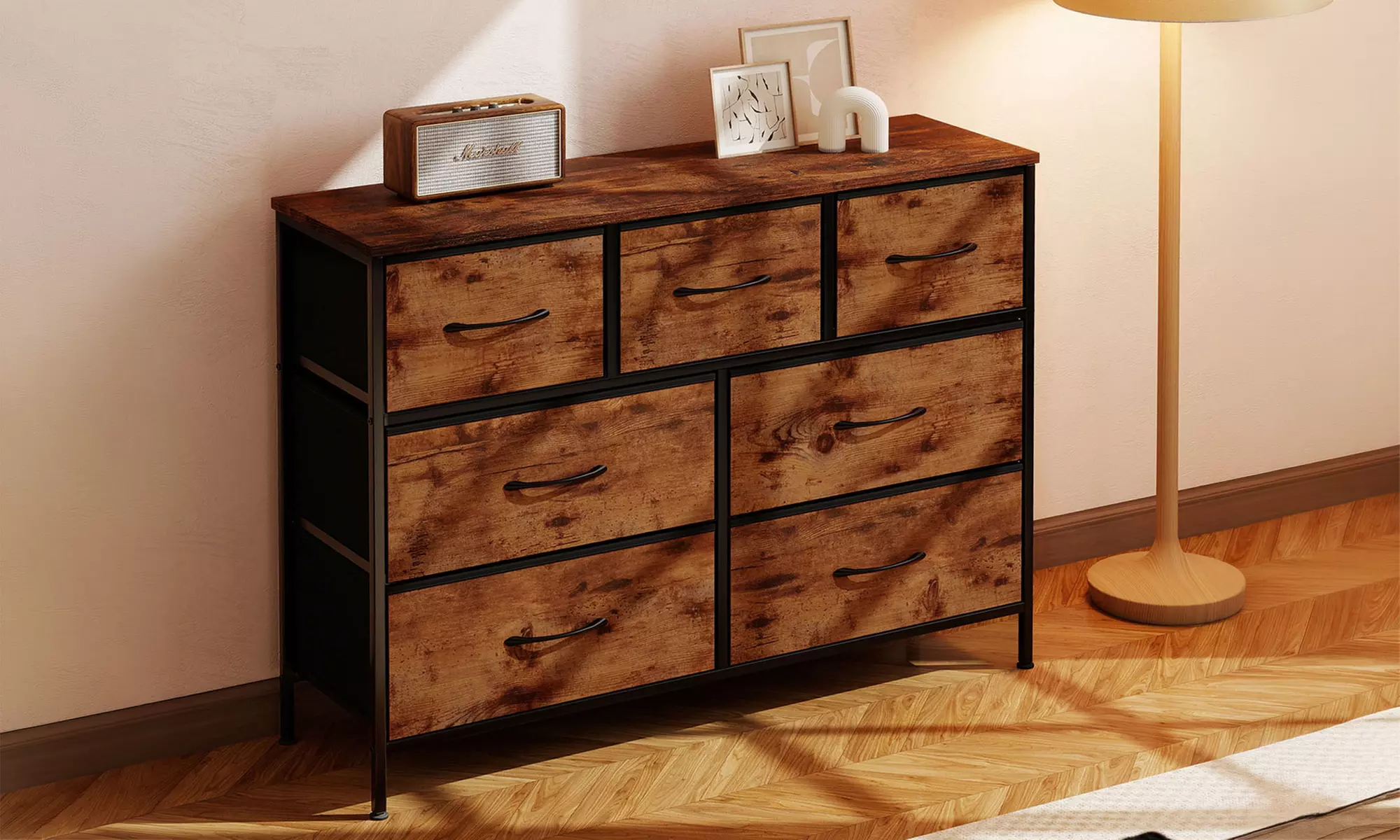 Fabric Chest of Drawers Collection - Rustic Wood & Grey Storage Units