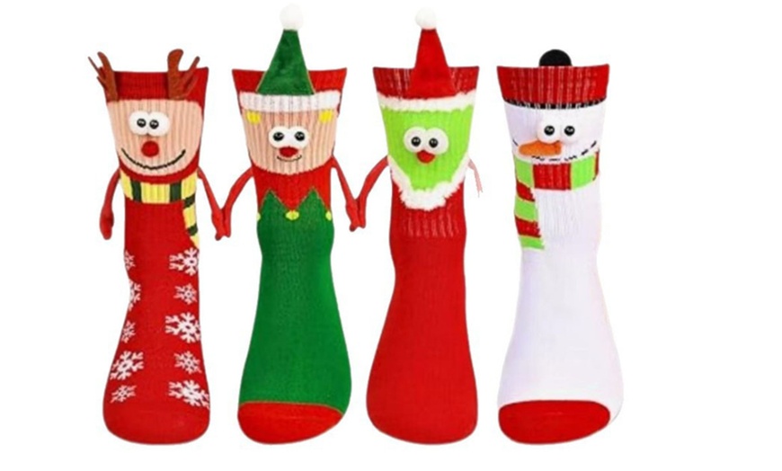 Image 3: Pack of Four Magnetic Hand-Holding 3D Christmas Socks