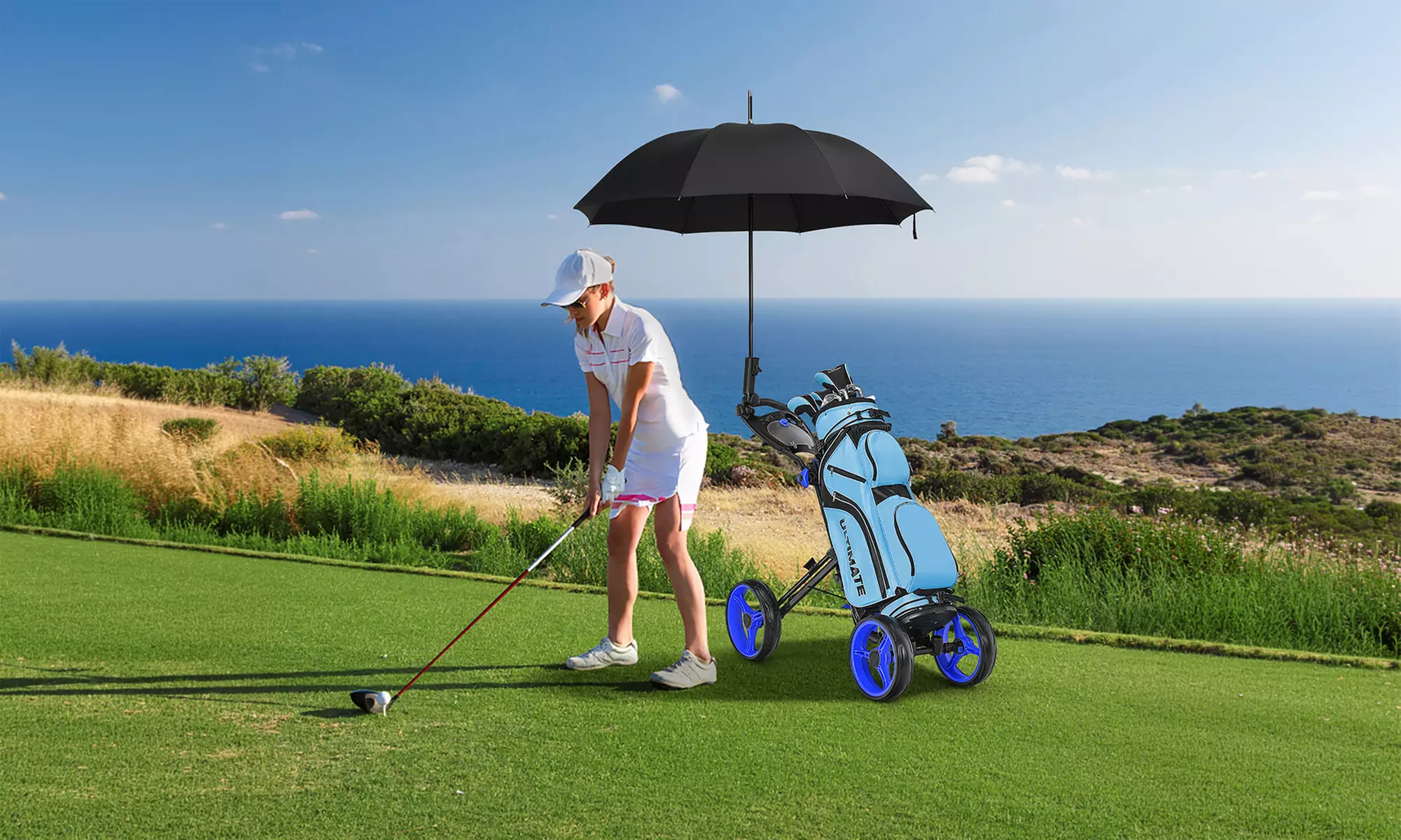 Goplus Folding 4 Wheels Golf Push Cart W/Brake Scoreboard Adjustable Handle