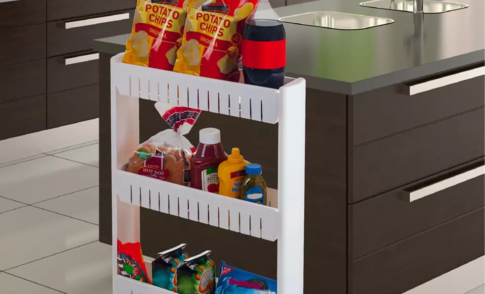 Slim Three-Tier Slide-Out Pantry on Rollers. - Primary Image